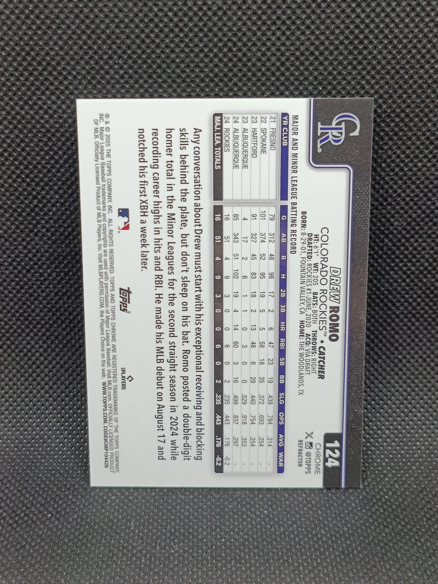 Drew Romo - 2025 Topps Chrome Rookie Refractor - Colorado Rockies