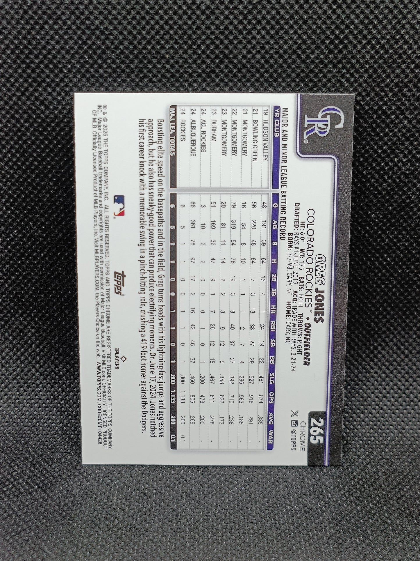 Greg Jones - 2025 Topps Chrome Rookie Prism Refractor - Colorado Rockies