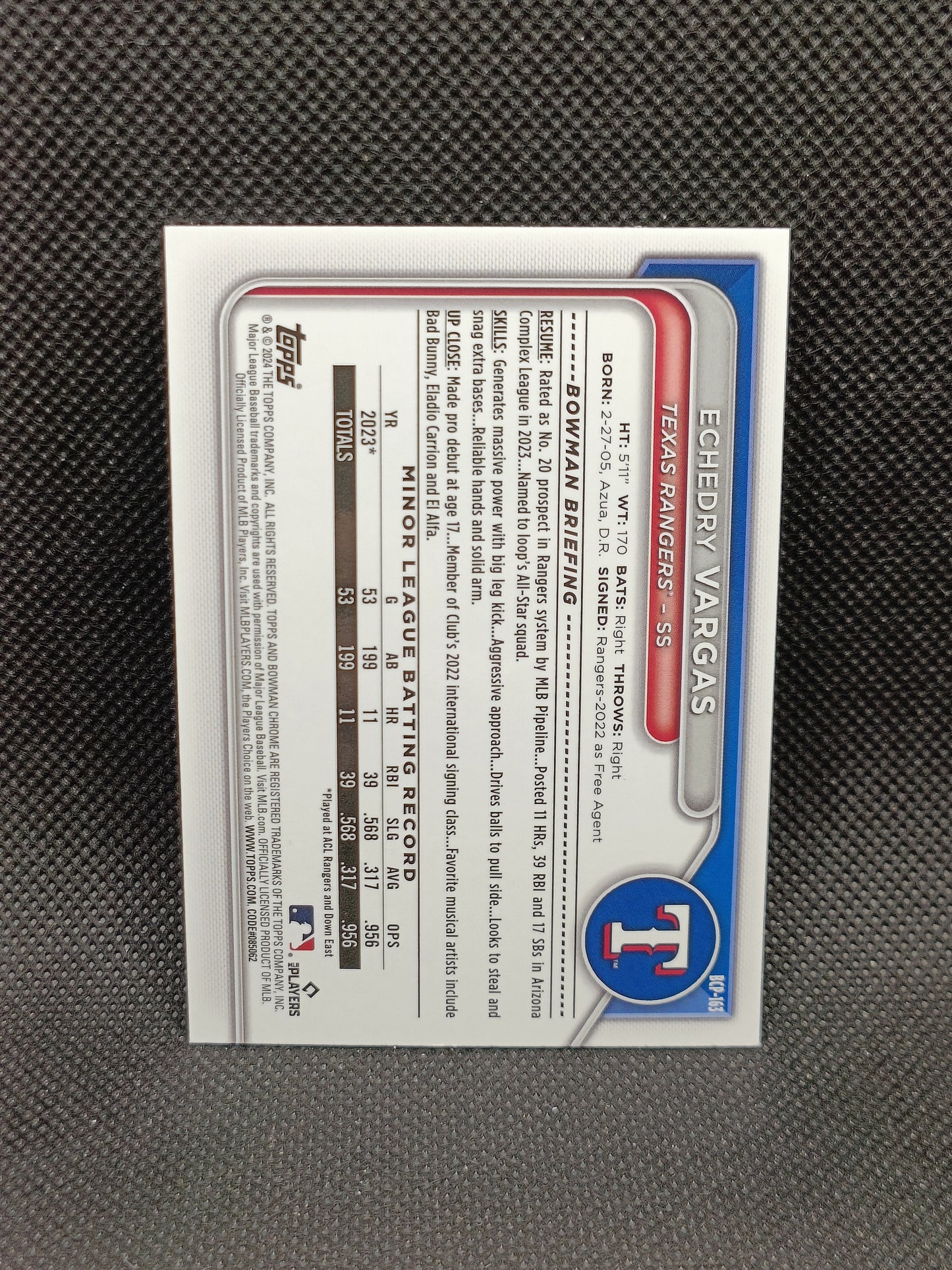 Echedry Vargas - 2024 Bowman Chrome 1st Bowman Purple Refractor /250 - Texas Rangers