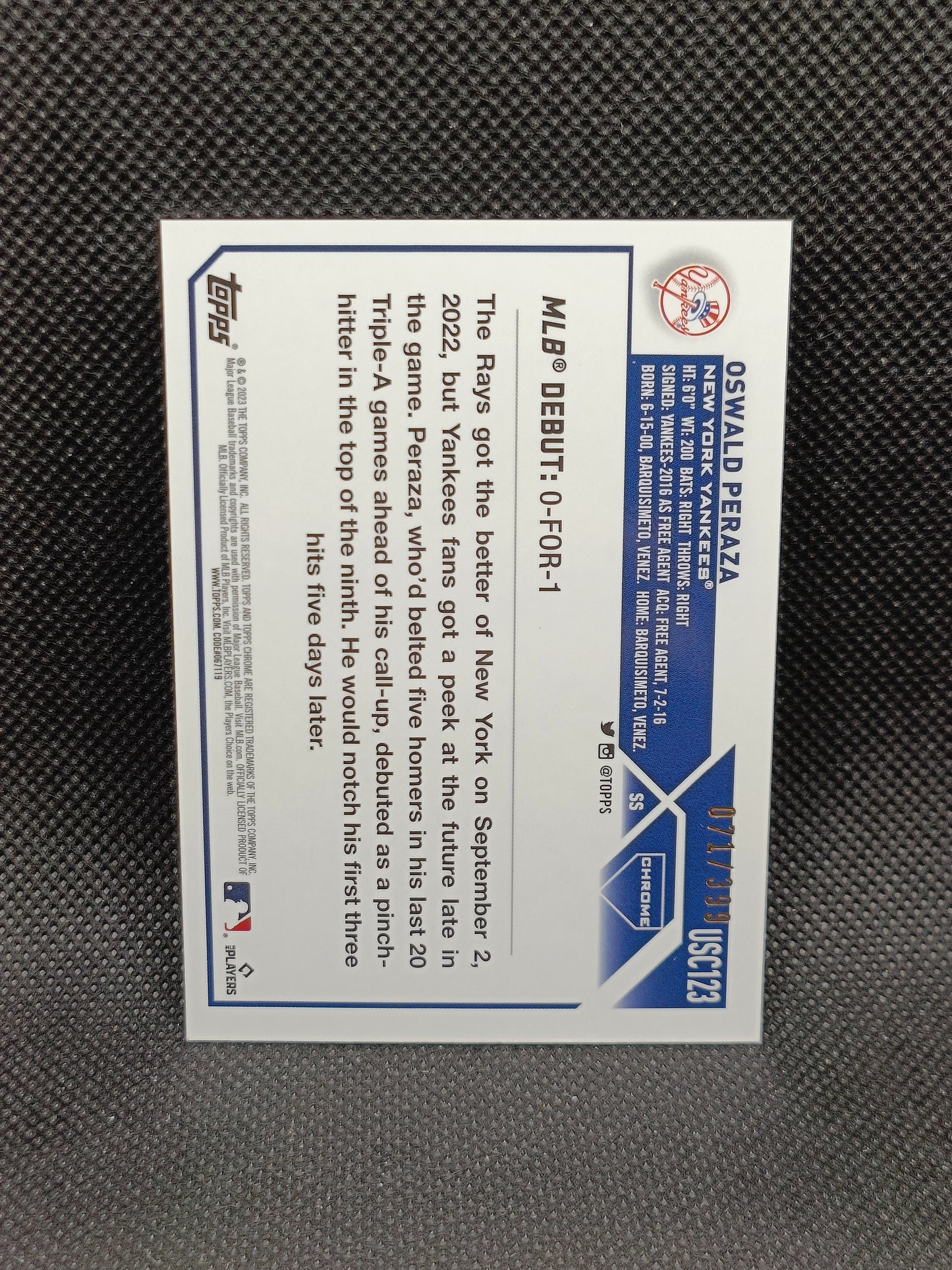 Oswald Peraza - 2023 Topps Chrome Update Rookie Debut Magenta Refractor /399 - New York Yankees