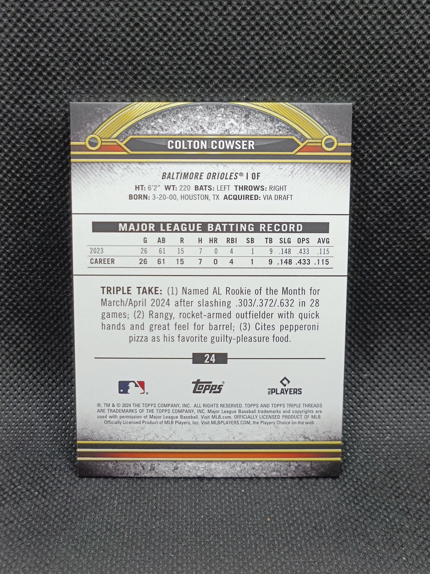 Colton Cowser - 2024 Topps Triple Threads Rookie Gold /99 - Baltimore Orioles