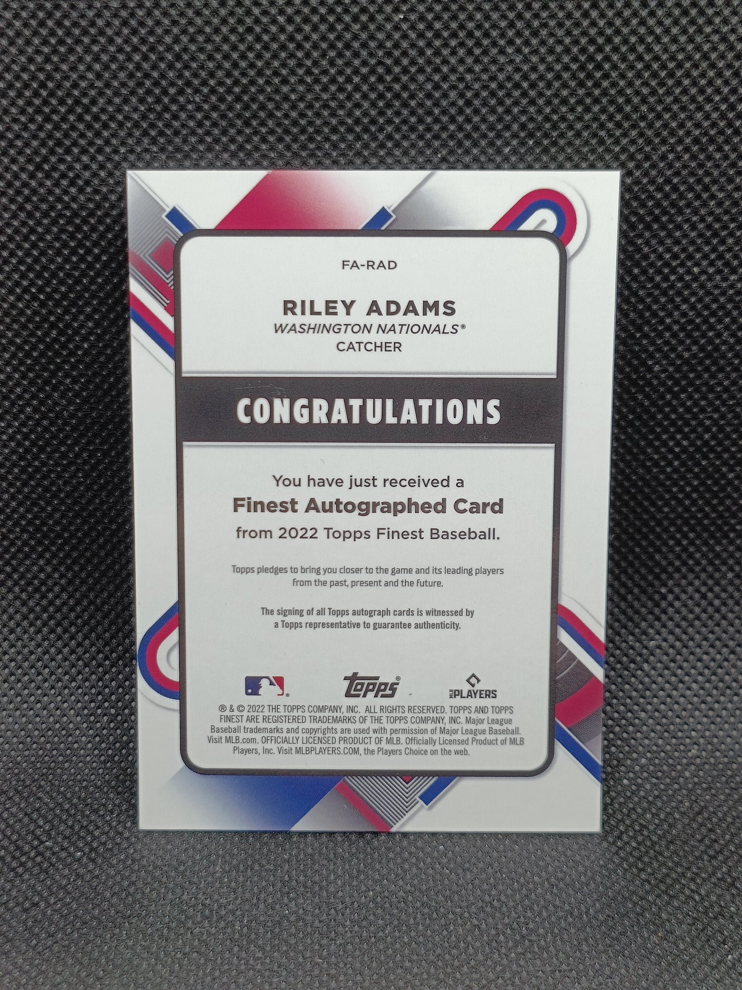 Riley Adams - 2022 Topps Finest Rookie Auto Blue Refractor /150 - Washington Nationals