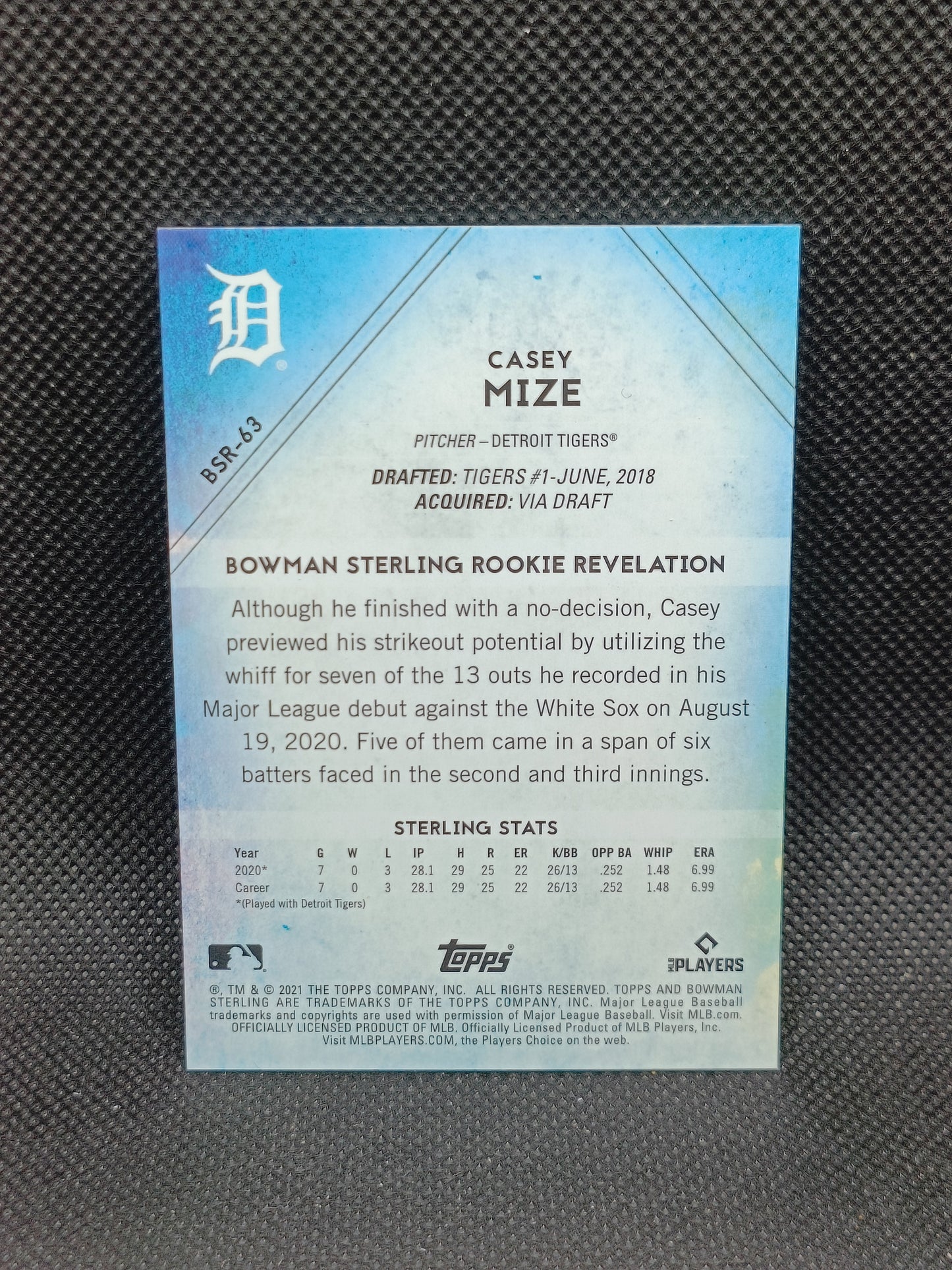 Casey Mize - 2021 Bowman Sterling Rookie Speckle Refractor /99 - Detroit Tigers