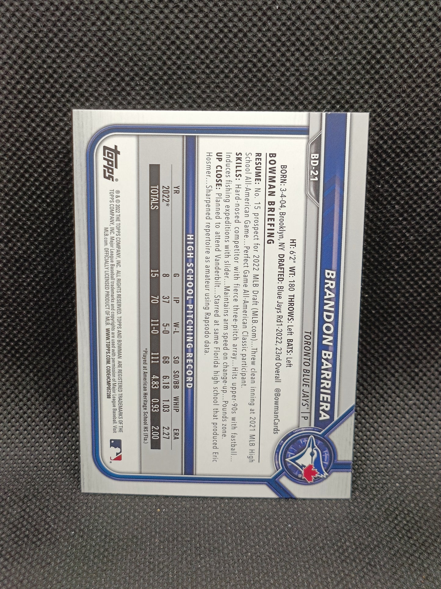 Brandon Barriera - 2022 Bowman Draft Gold /50 - Toronto Blue Jays