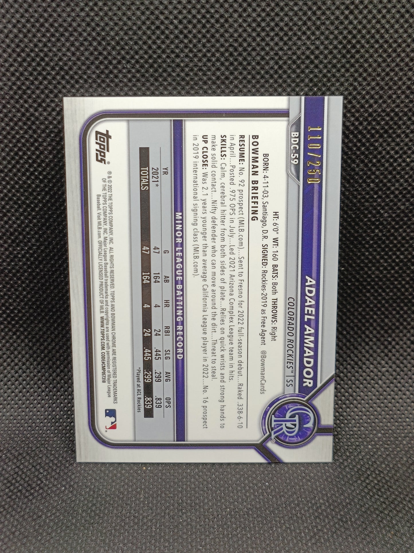 Adael Amador - 2022 Bowman Draft Chrome Purple Refractor /250 - Colorado Rockies