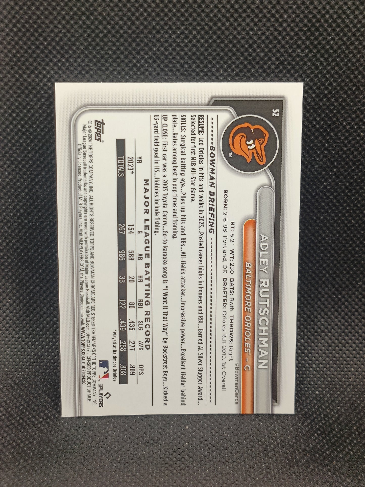 Adley Rutschman - 2024 Bowman Chrome Purple Mojo Refractor /250 - Baltimore Orioles