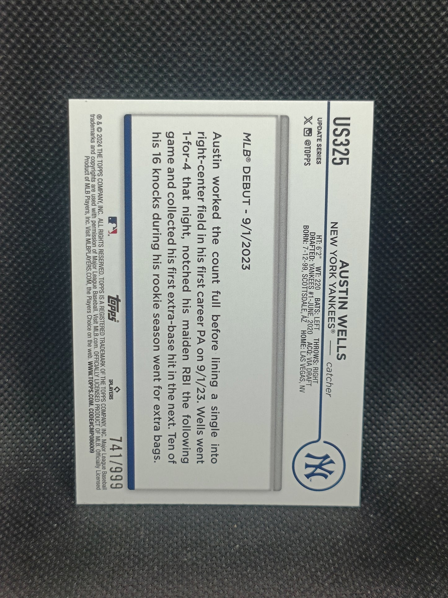 Austin Wells - 2024 Topps Update Series Rookie Debut Blue Holofoil /999 - New York Yankees