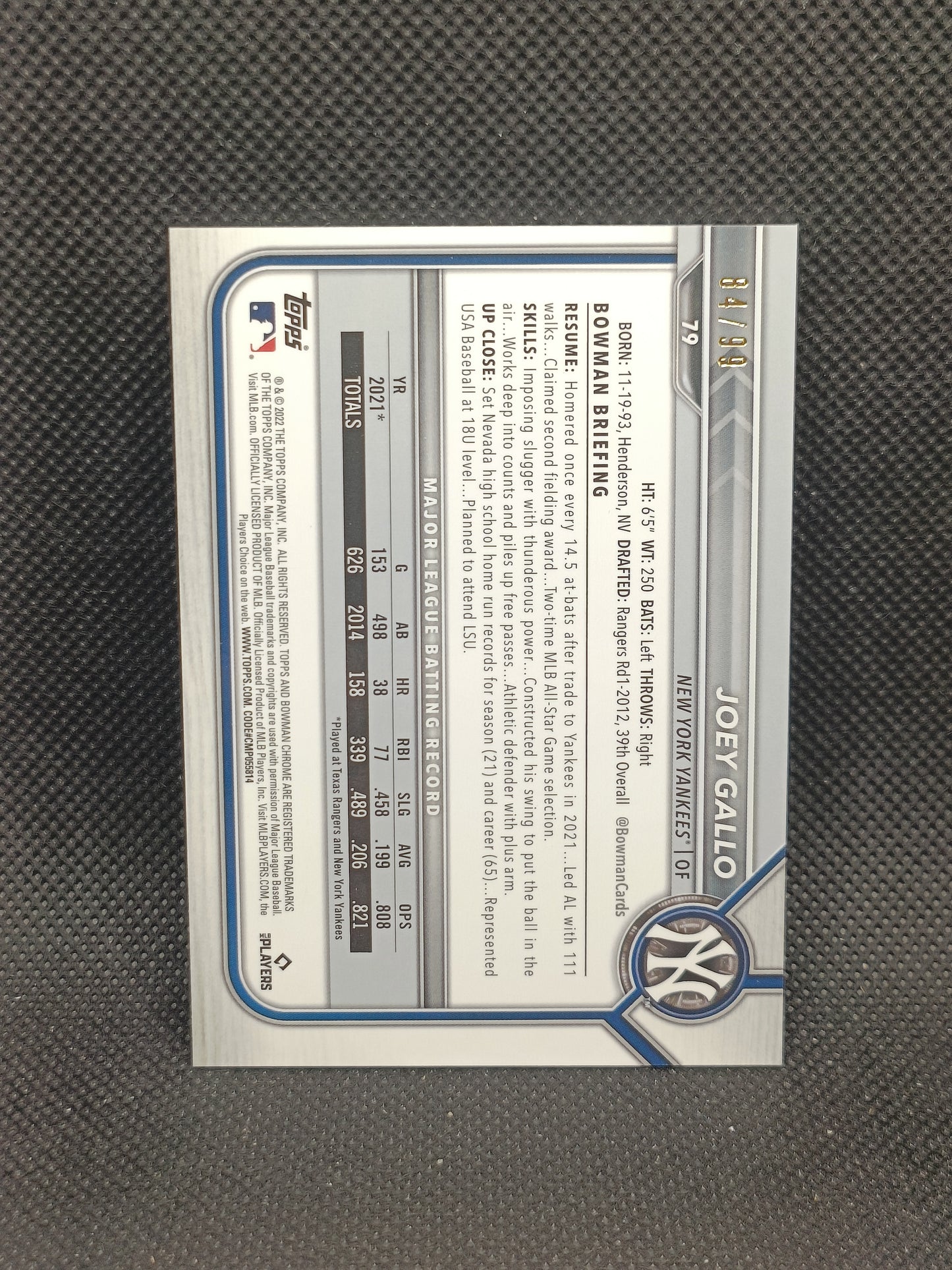 Joey Gallo - 2022 Bowman Chrome Green Refractor /99 - New York Yankees