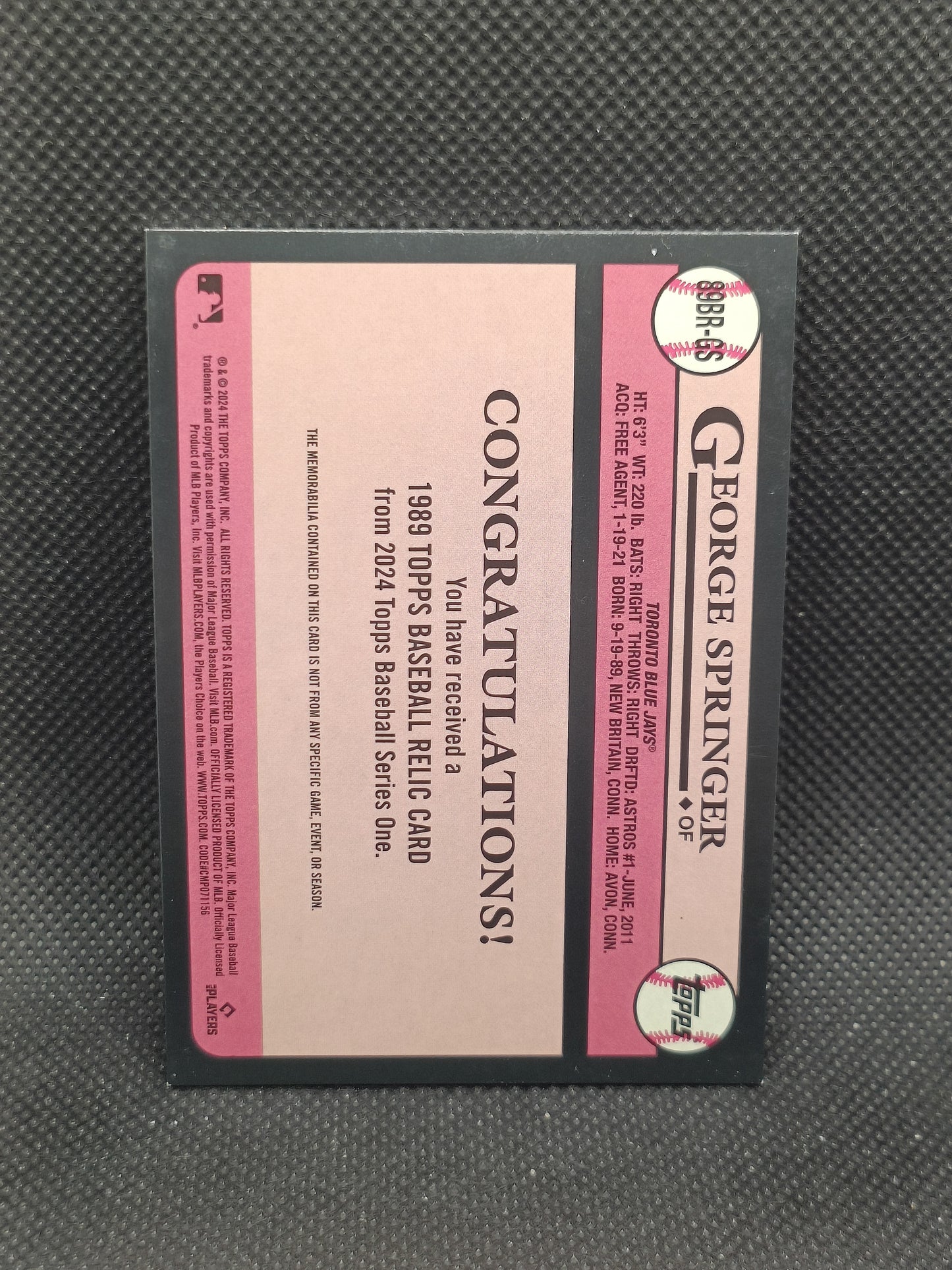 George Springer - 2024 Topps Series One 1989 Relic - Toronto Blue Jays