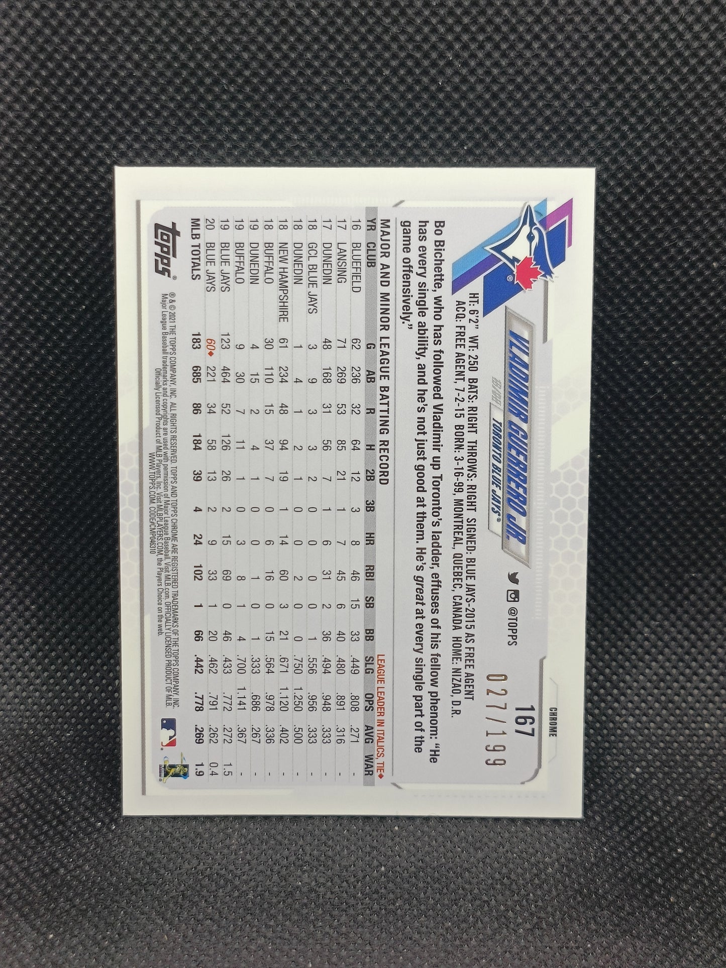Vladimir Guerrero Jr - 2021 Topps Chrome Aqua Refractor /199 - Toronto Blue Jays