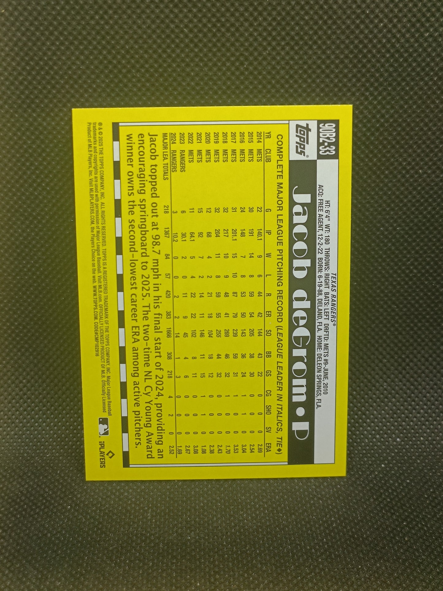 Jacob DeGrom - 2025 Topps Series Two 1990 Insert - Texas Rangers