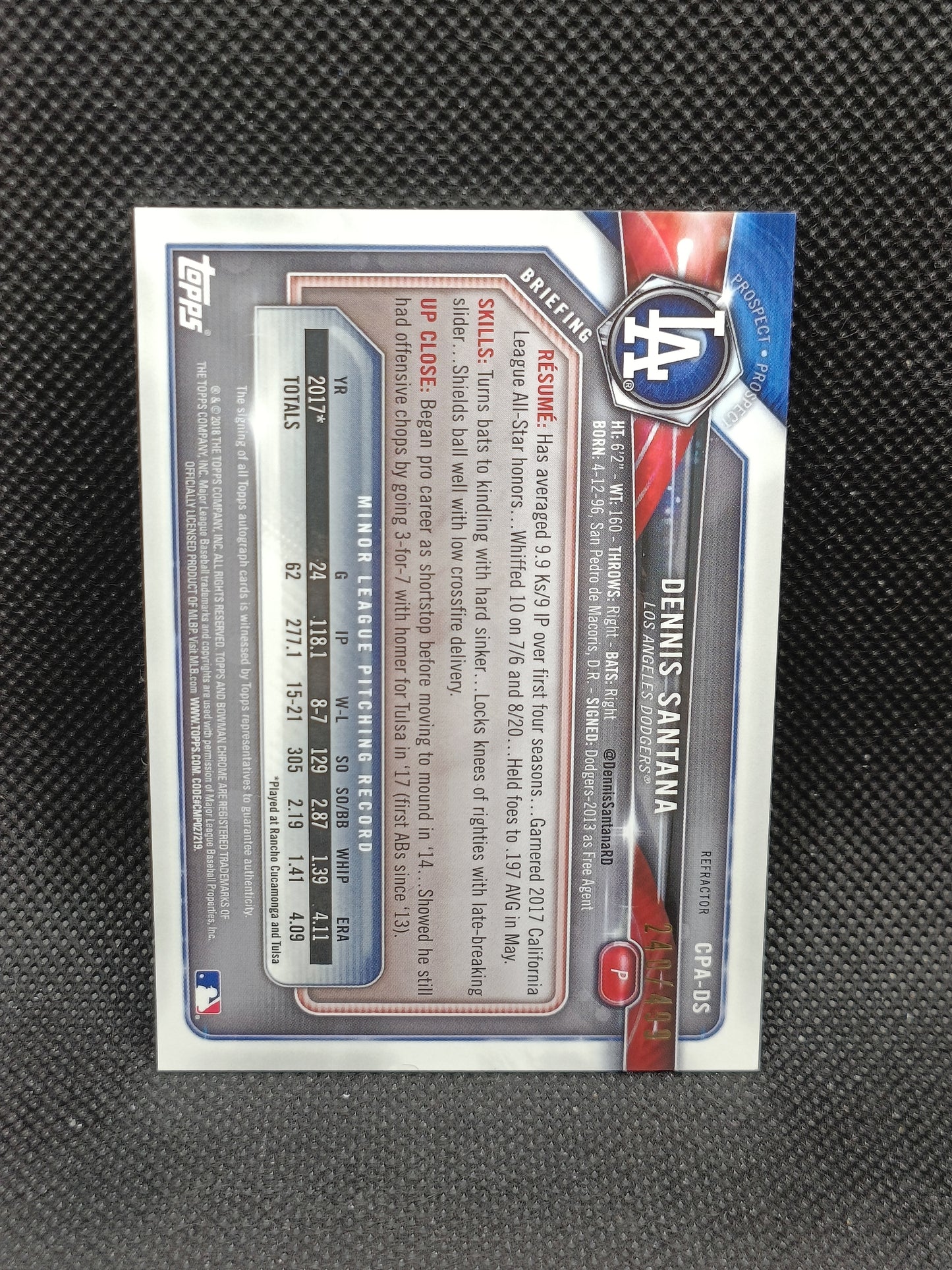 Dennis Santana - 2018 Bowman Chrome 1st Bowman Auto Refractor /499 - LA Dodgers