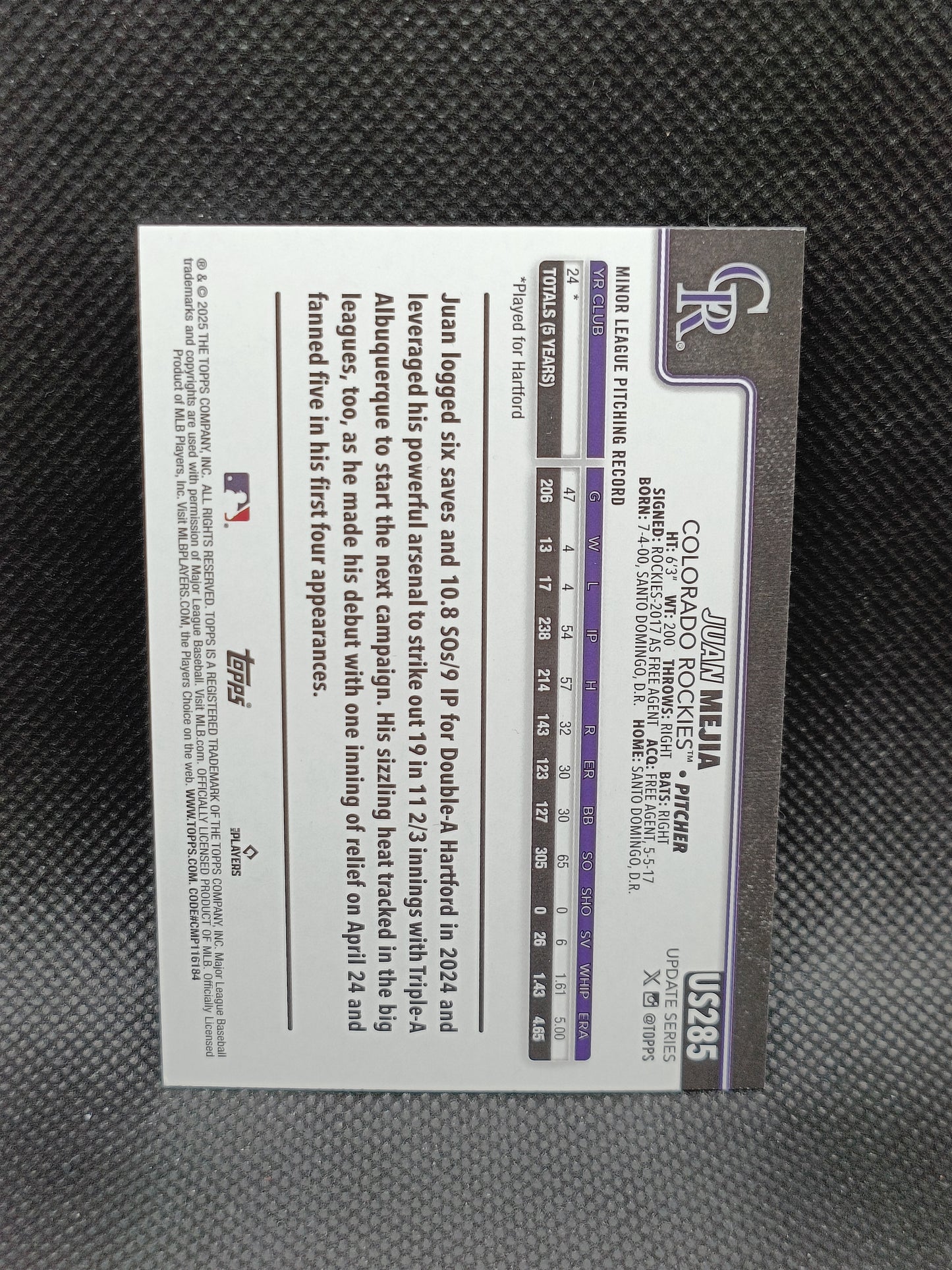 Juan Mejia - 2025 Topps Update Series Rookie Pink Diamante Foil - Colorado Rockies