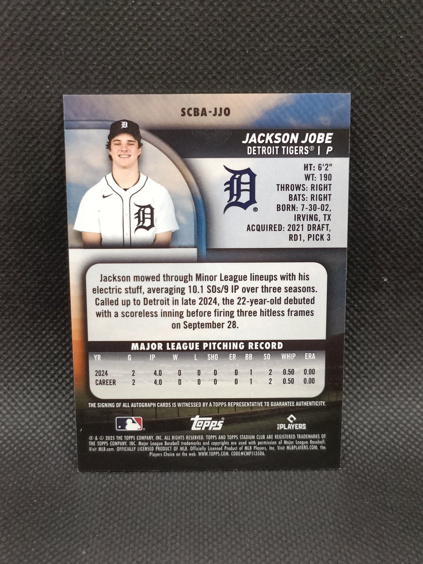 Jackson Jobe - 2025 Topps Stadium Club Rookie Auto Yellow Parallel - Detroit Tigers