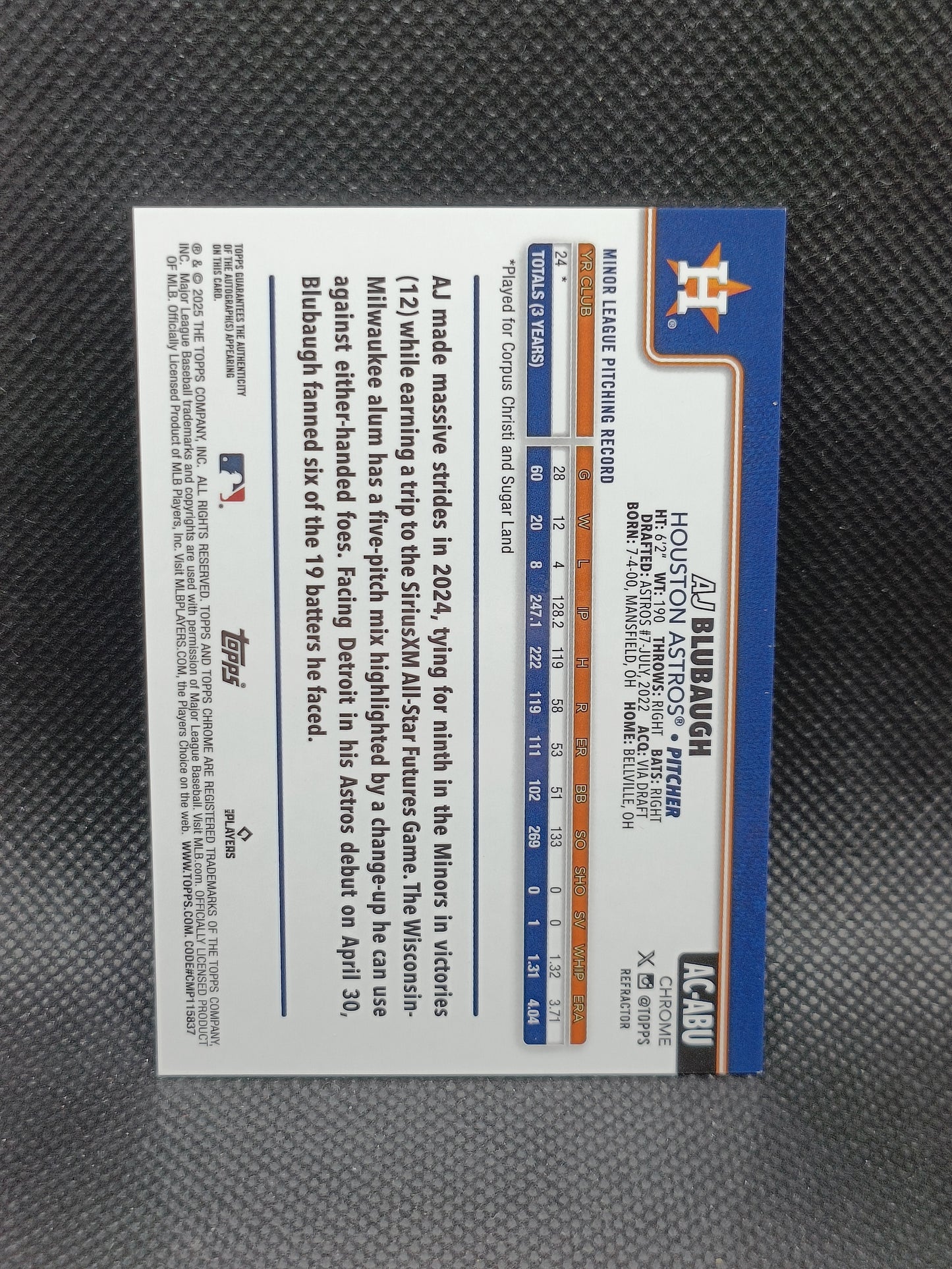 AJ Blubaugh - 2025 Topps Chrome Update Rookie Auto Refractor /499 - Houston Astros