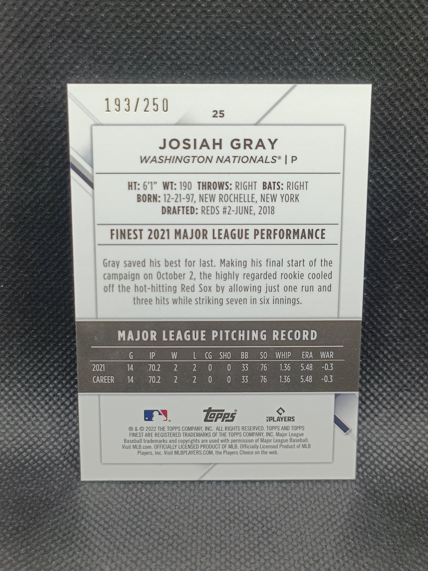 Josiah Gray - 2022 Topps Finest Rookie Blue/Aqua Vapor Refractor /250 - Washington Nationals