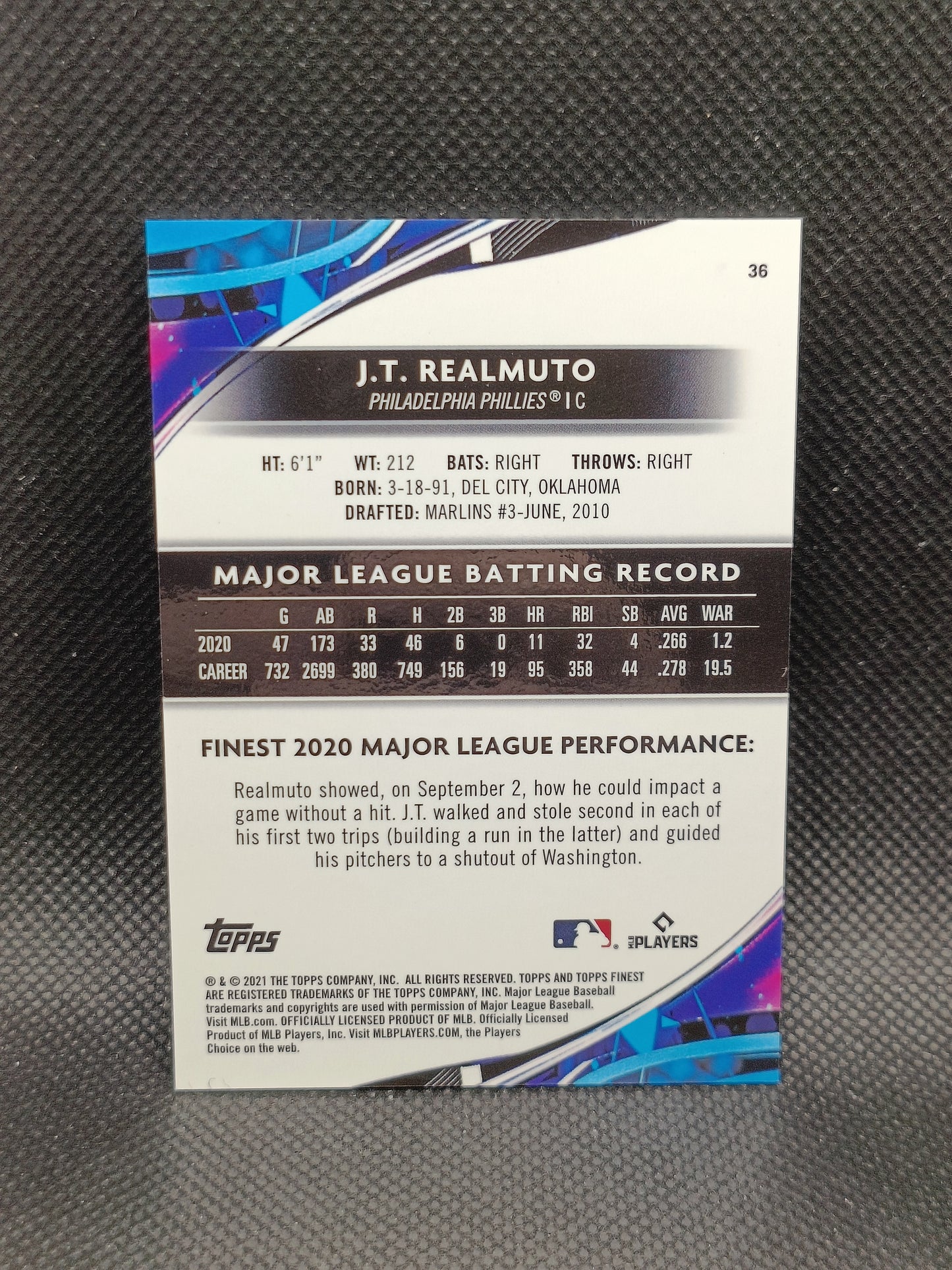 JT Realmuto - 2021 Topps Finest Purple/Aqua Vapor Refractor /250 - Philadelphia Phillies