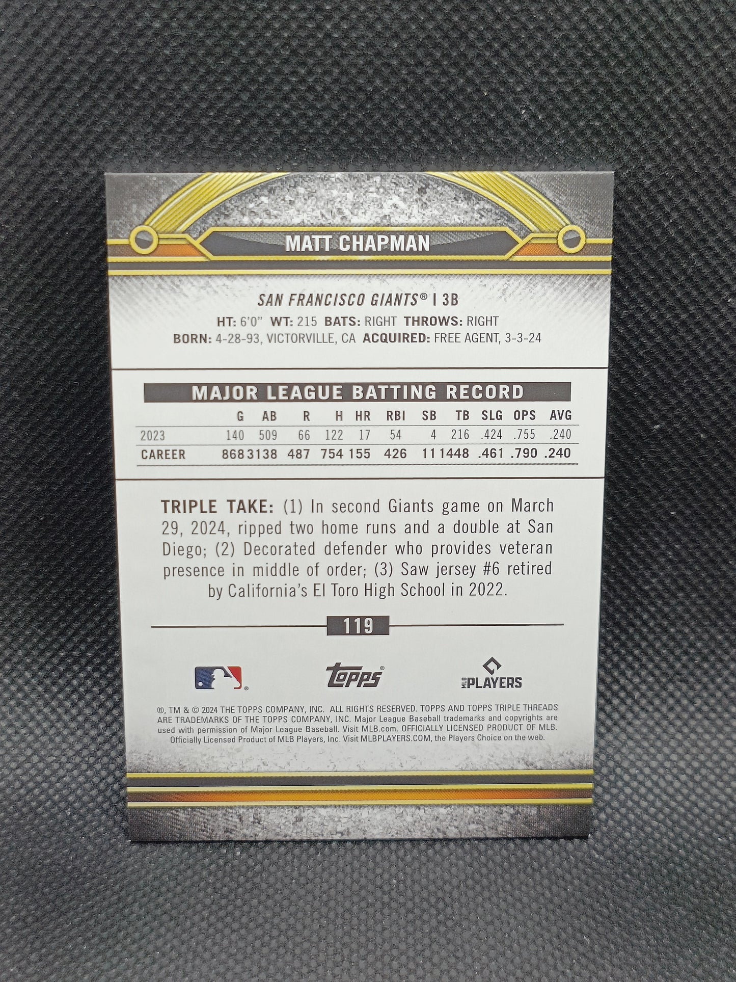 Matt Chapman - 2024 Topps Triple Threads Amber /199 - San Francisco Giants