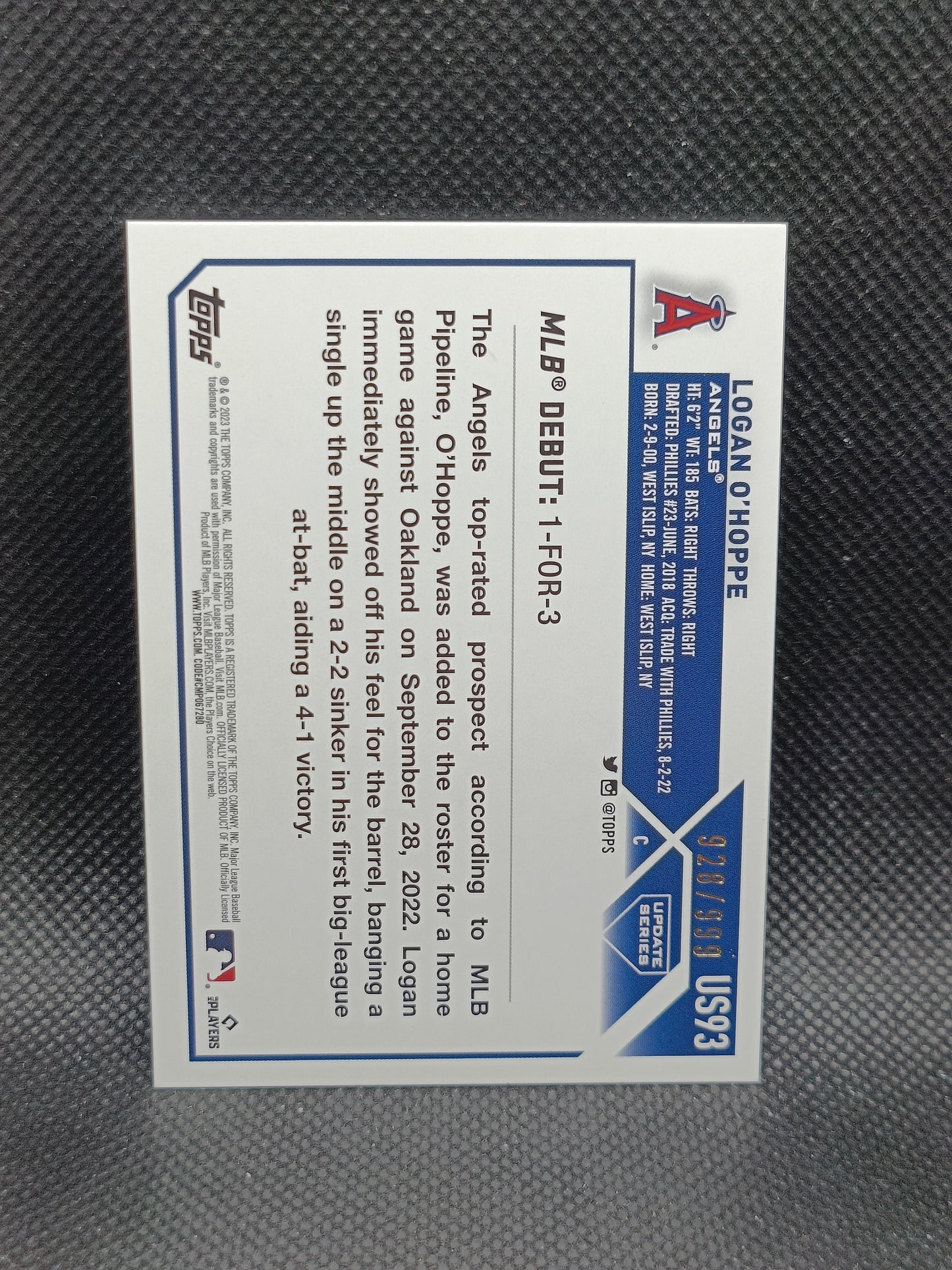 Logan O'Hoppe - 2023 Topps Update Series Rookie Debut Blue Holofoil /999 - LA Angels