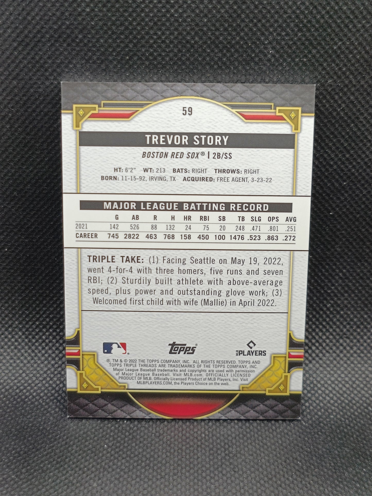 Trevor Story - 2022 Topps Triple Threads Gold /99 - Boston Red Sox