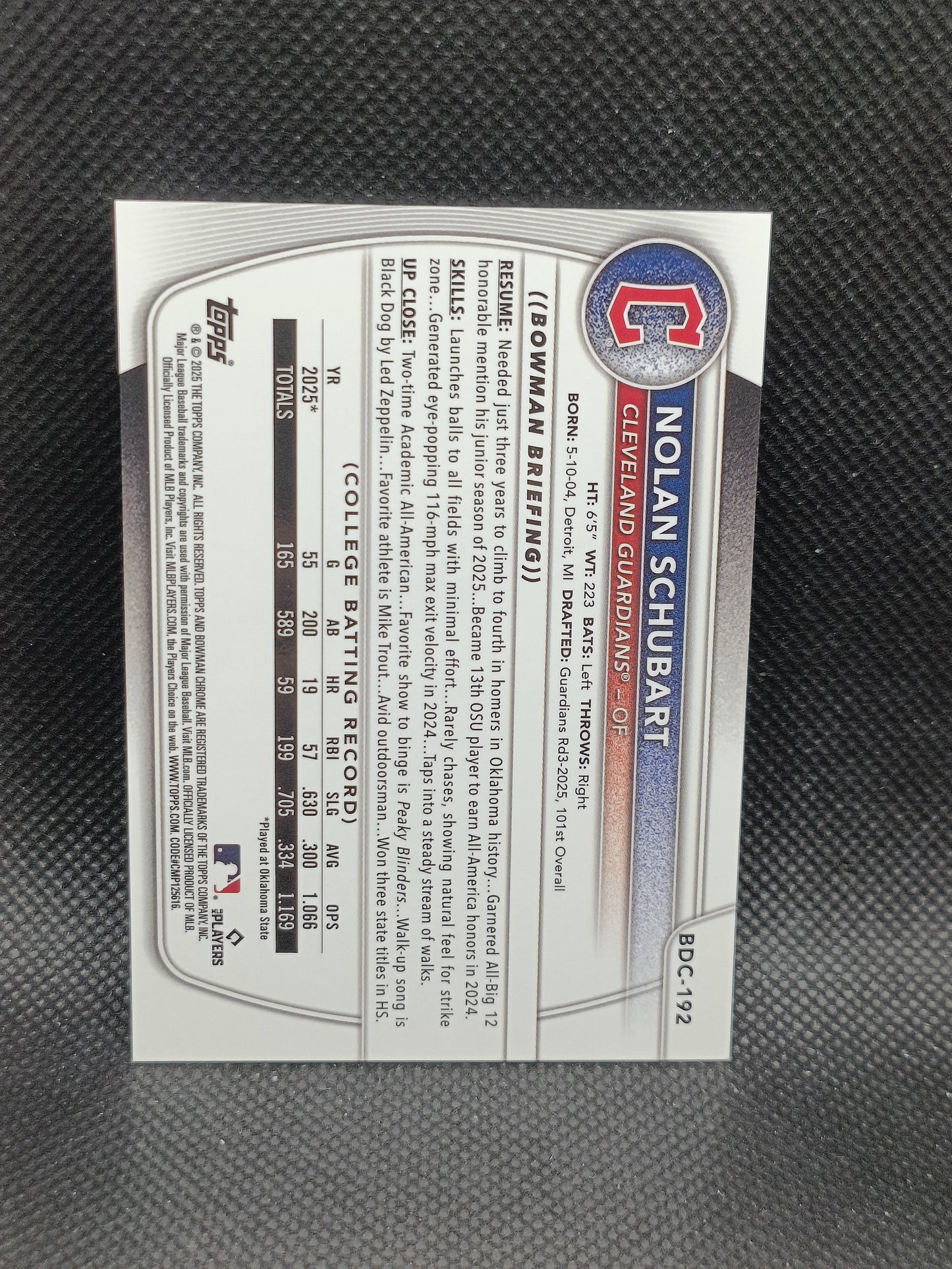 Nolan Schubart - 2025 Bowman Draft Chrome 1st Bowman Gold Mojo /50 - Cleveland Guardians