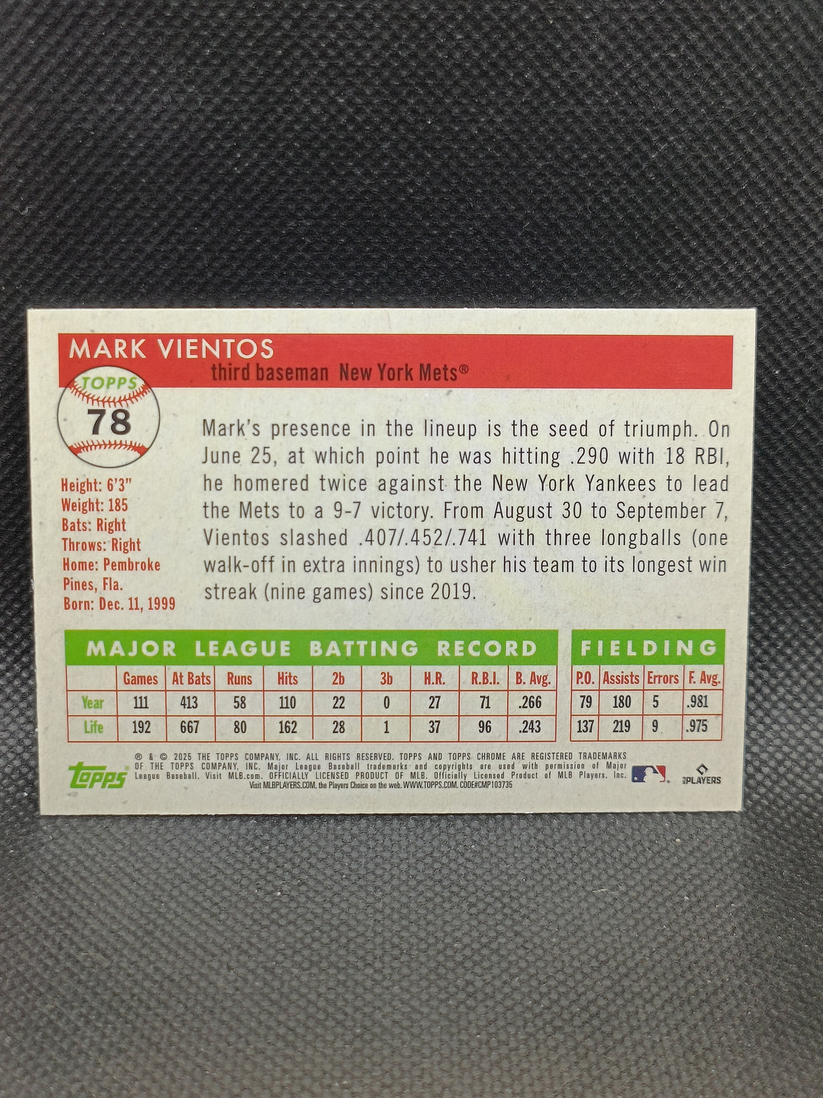 Mark Vientos - 2025 Topps Chrome Platinum Anniversary Green Wave Refractor /99 - New York Mets