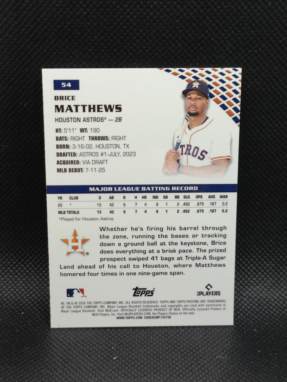 Brice Matthews - 2026 Topps Pristine Rookie Green Refractor /150 - Houston Astros