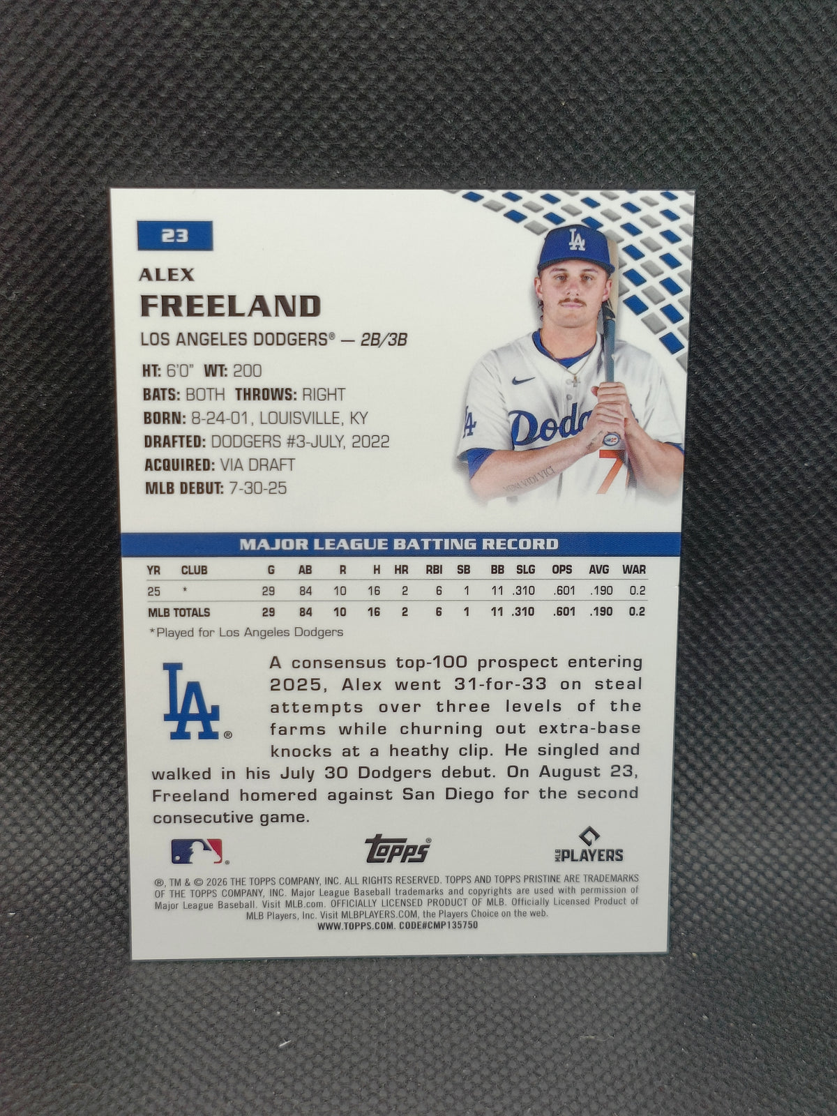 Alex Freeland - 2026 Topps Pristine Rookie Blue Refractor /75 - LA Dodgers