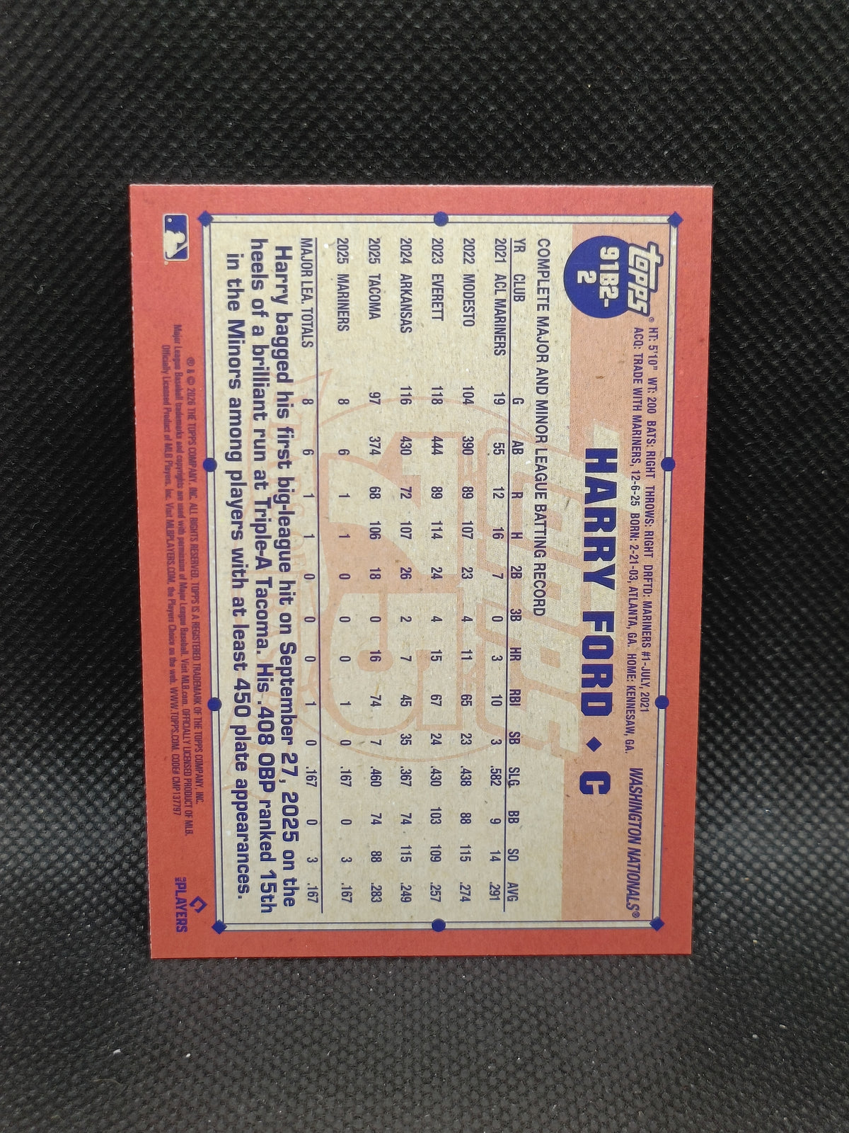 Harry Ford - 2026 Topps Series Two 1991 Rookie Insert - Washington Nationals