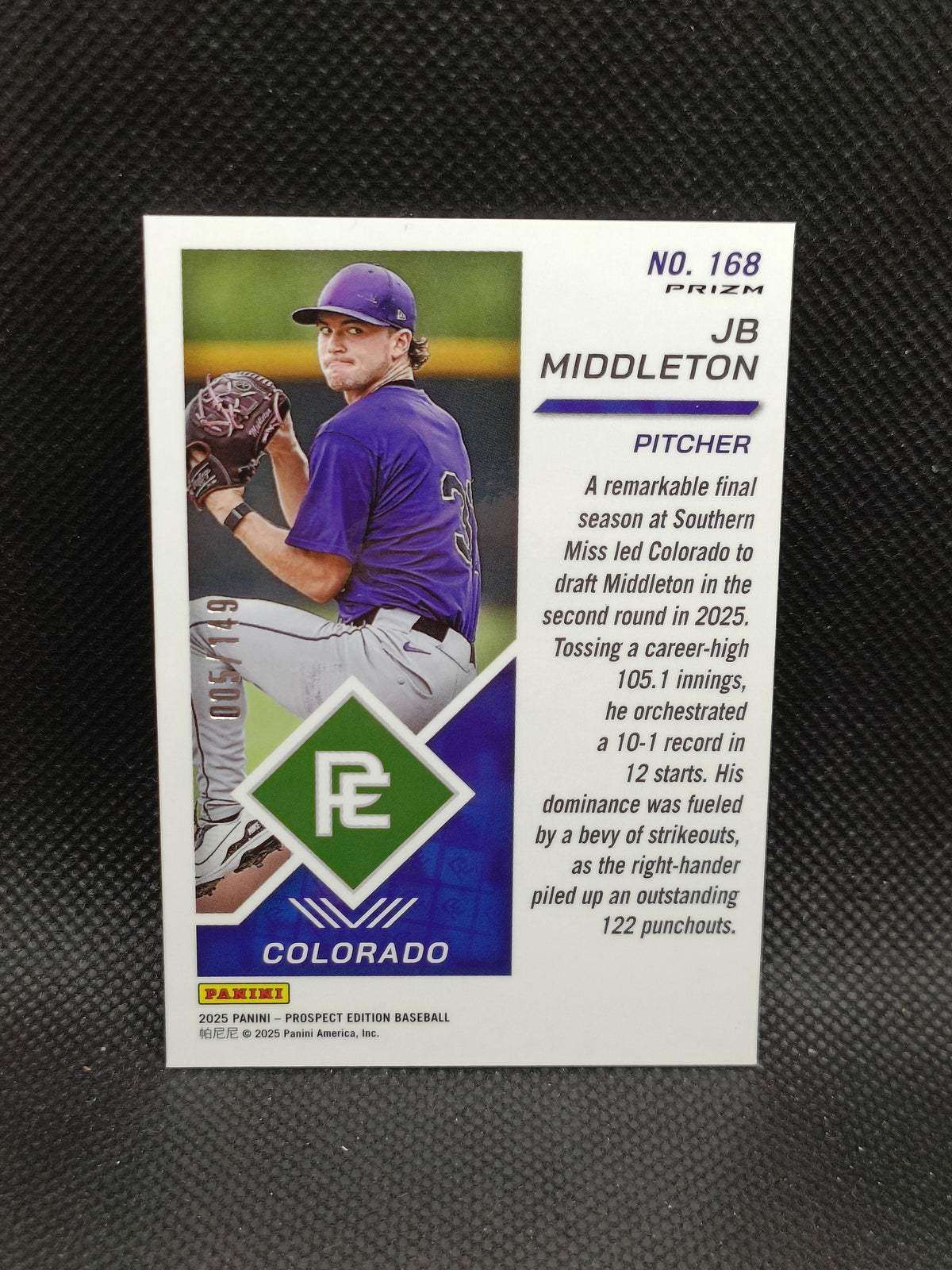 JB Middleton - 2025 Panini Prospect Edition Green Ice Prizm /149 - Colorado Rockies