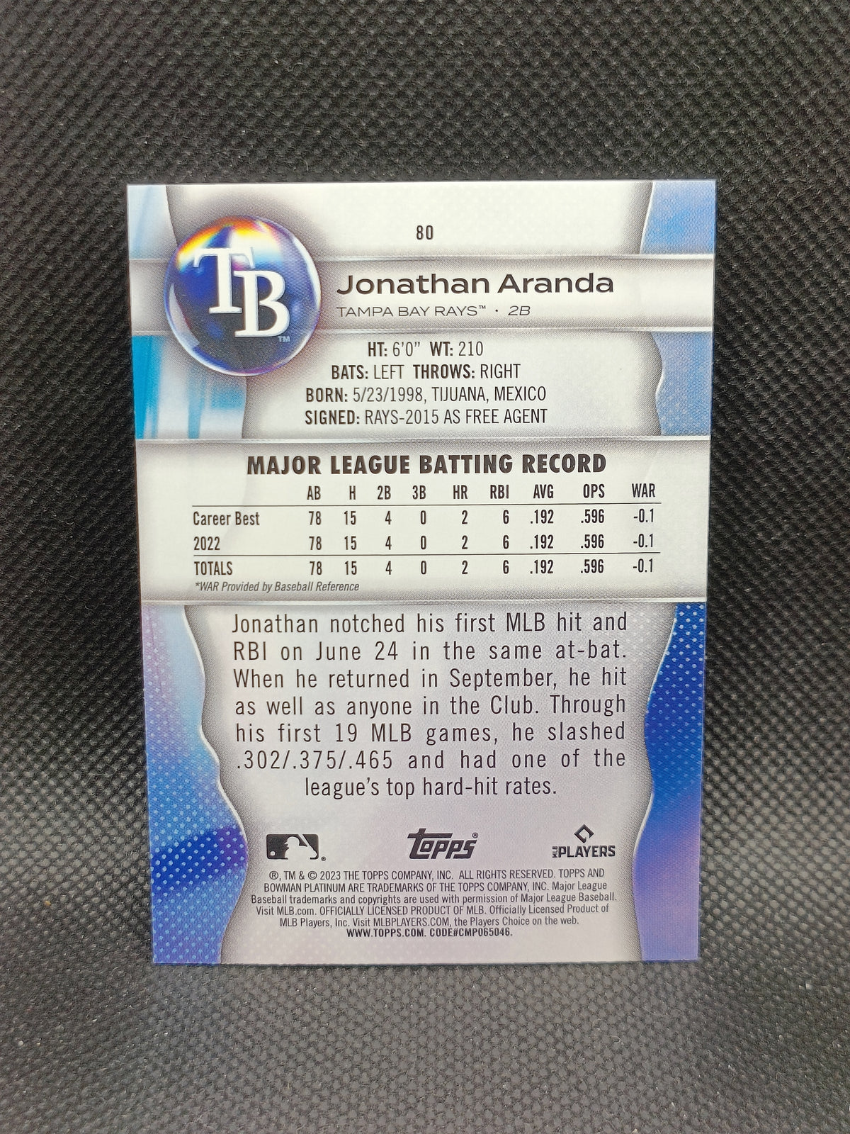 Jonathan Aranda - 2023 Bowman Platinum Rookie - Tampa Bay Rays
