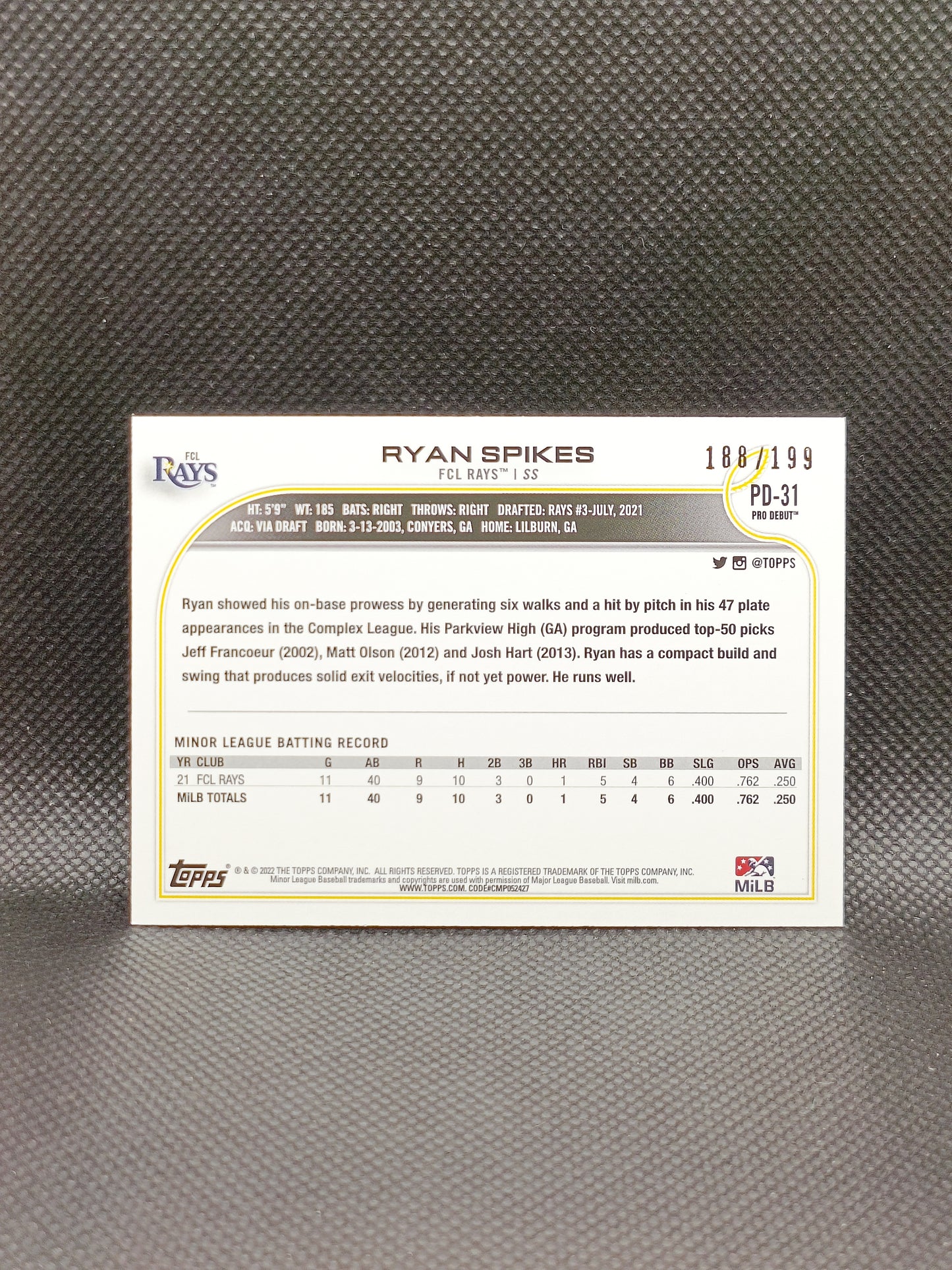 Ryan Spikes - 2022 Topps Pro Debut Pink /199 - Tampa Bay Rays